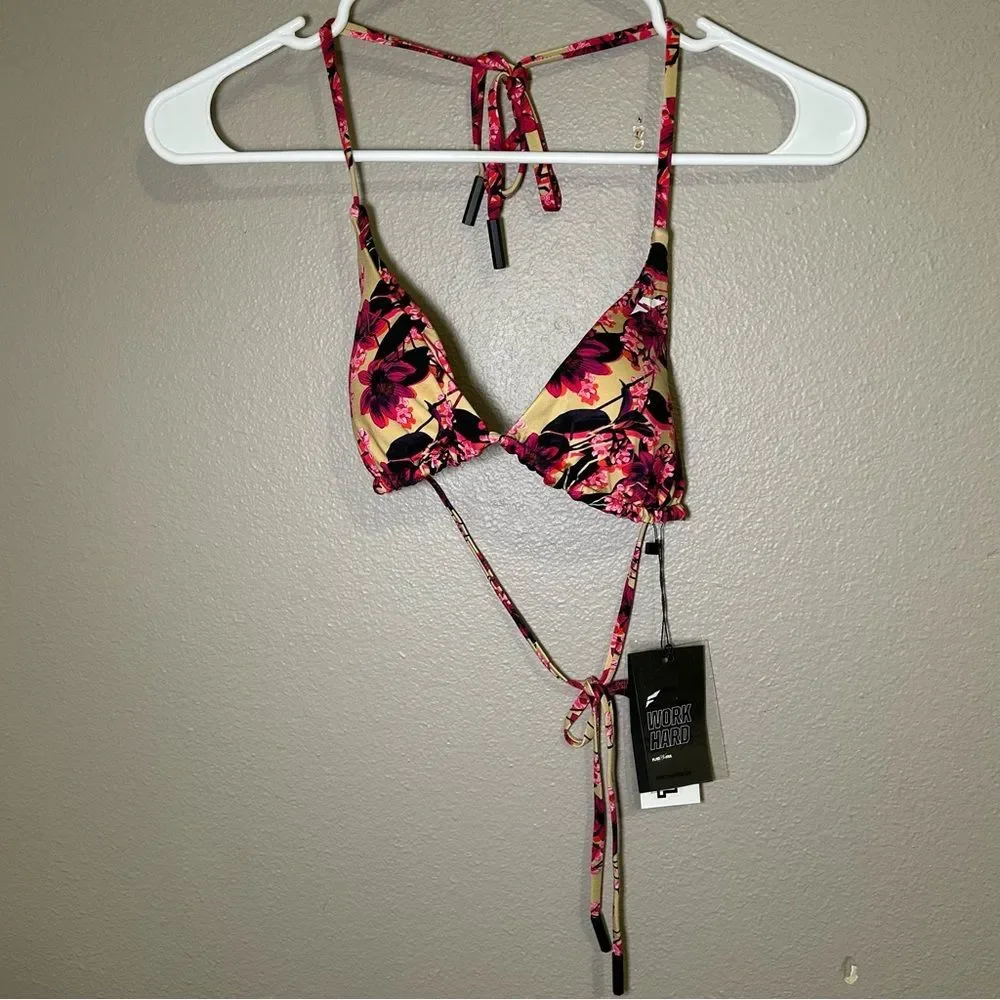 NEW Flag Nor Fail Floral Print Triangle Halter Bikini Swim Top Womens Size Large